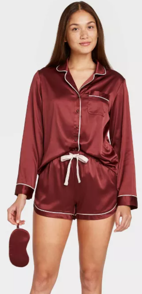 burgundy silky long sleeve and shorts pajamas set