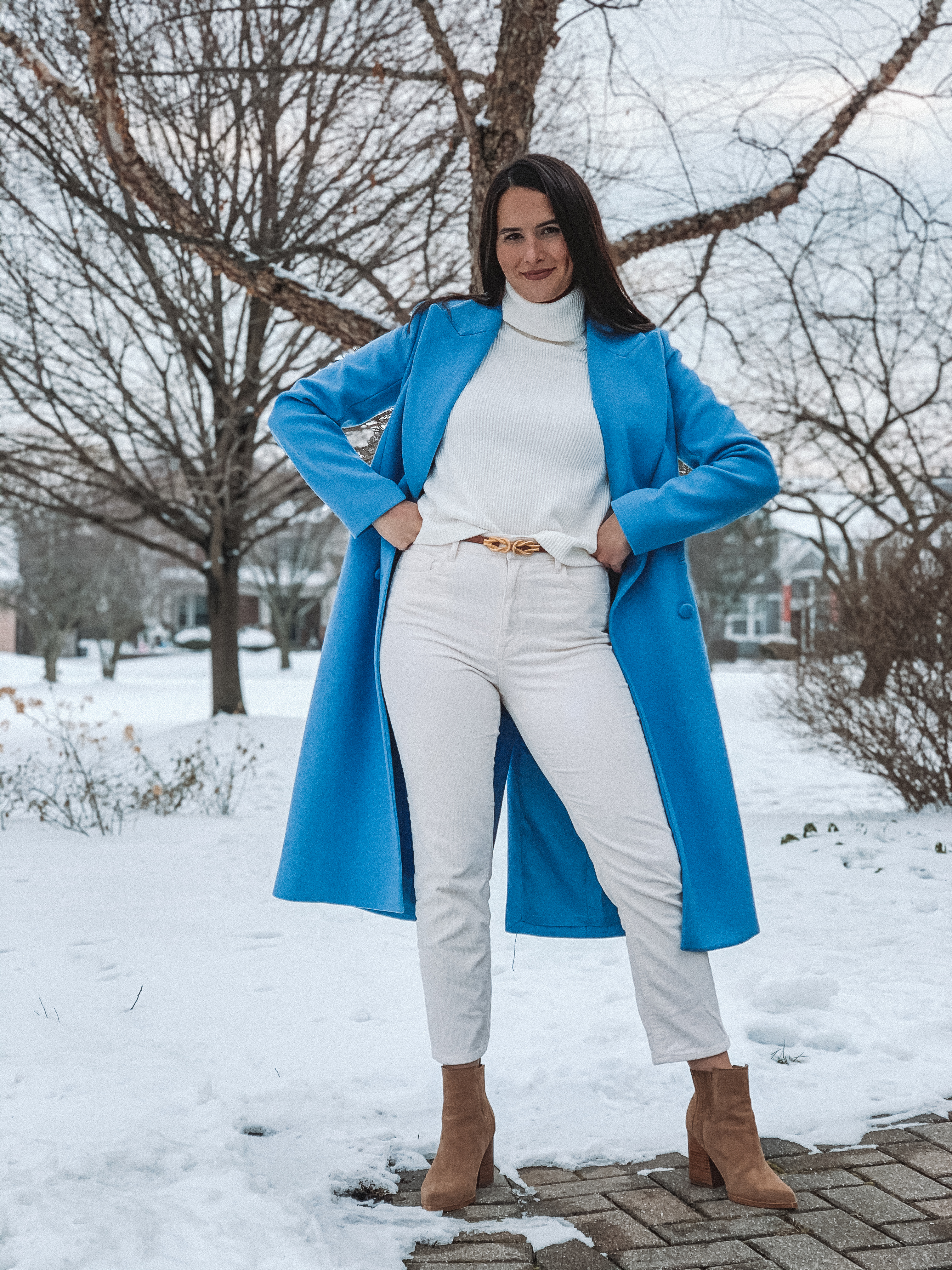 Blue Coat with Winter White Outfit in Snow