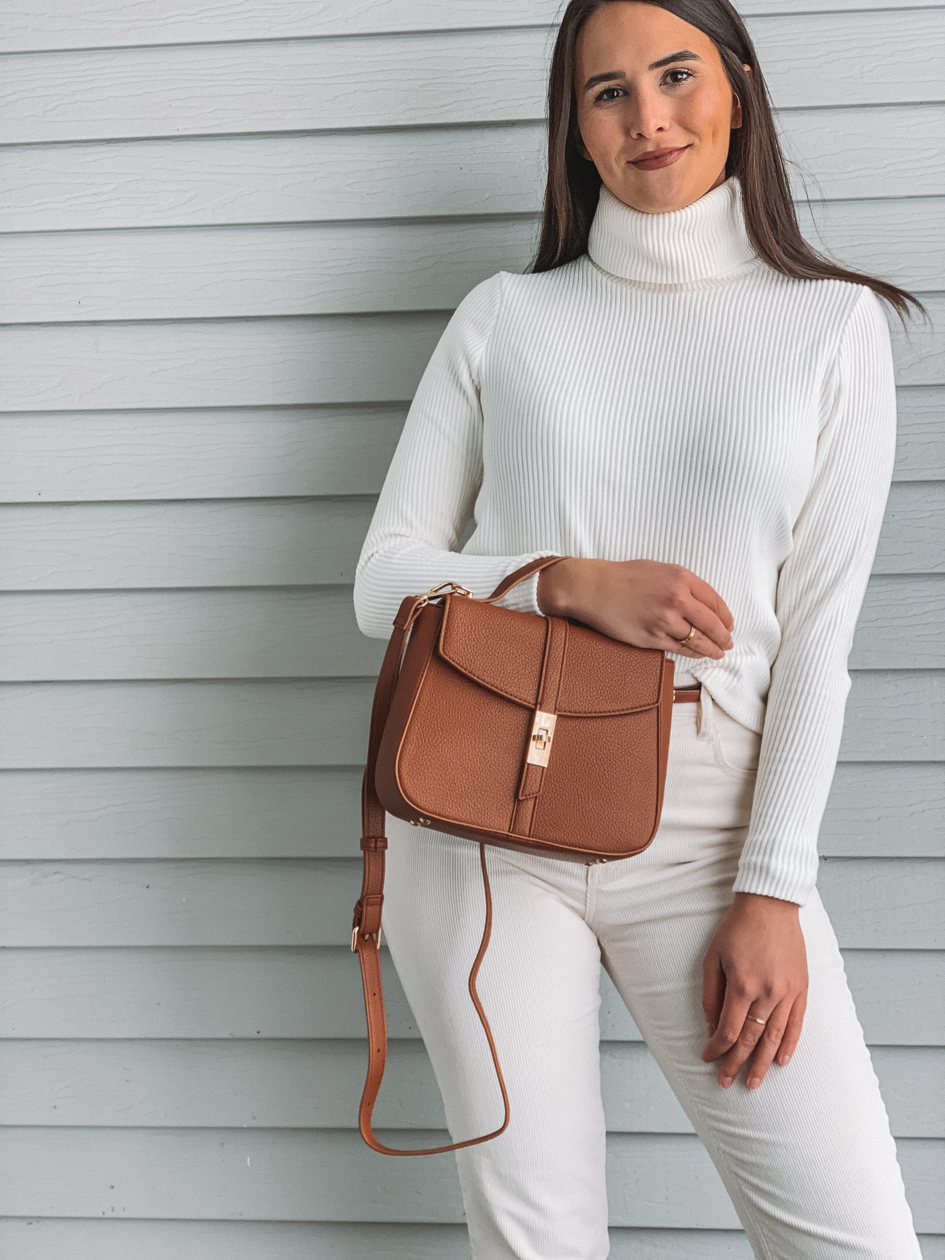 Winter White Sweater and Corduroy pants with Camel purse