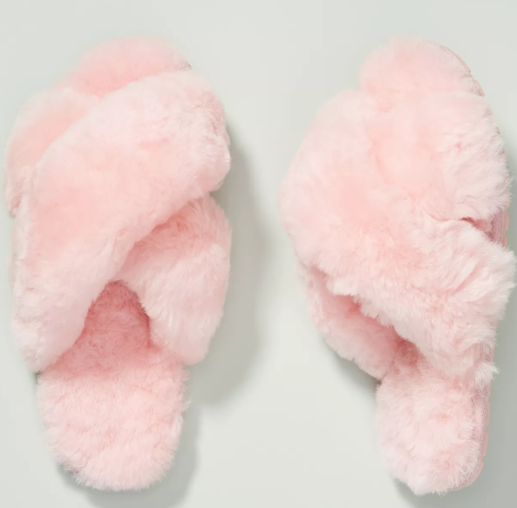 pink slip on fuzzy slippers