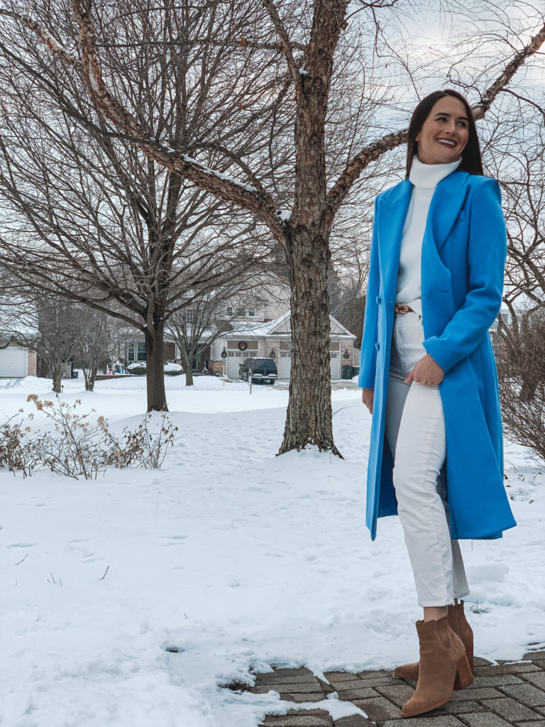 Winter White Outfit with Blue Wool Coat