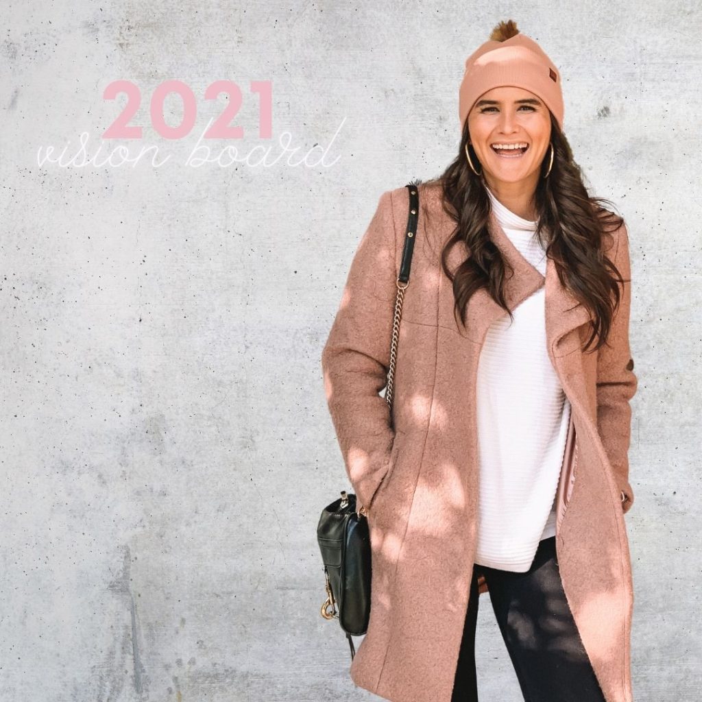 2021 Vision Board Girl in Pink Coat and Hat smiling | Pretty All Around Blog